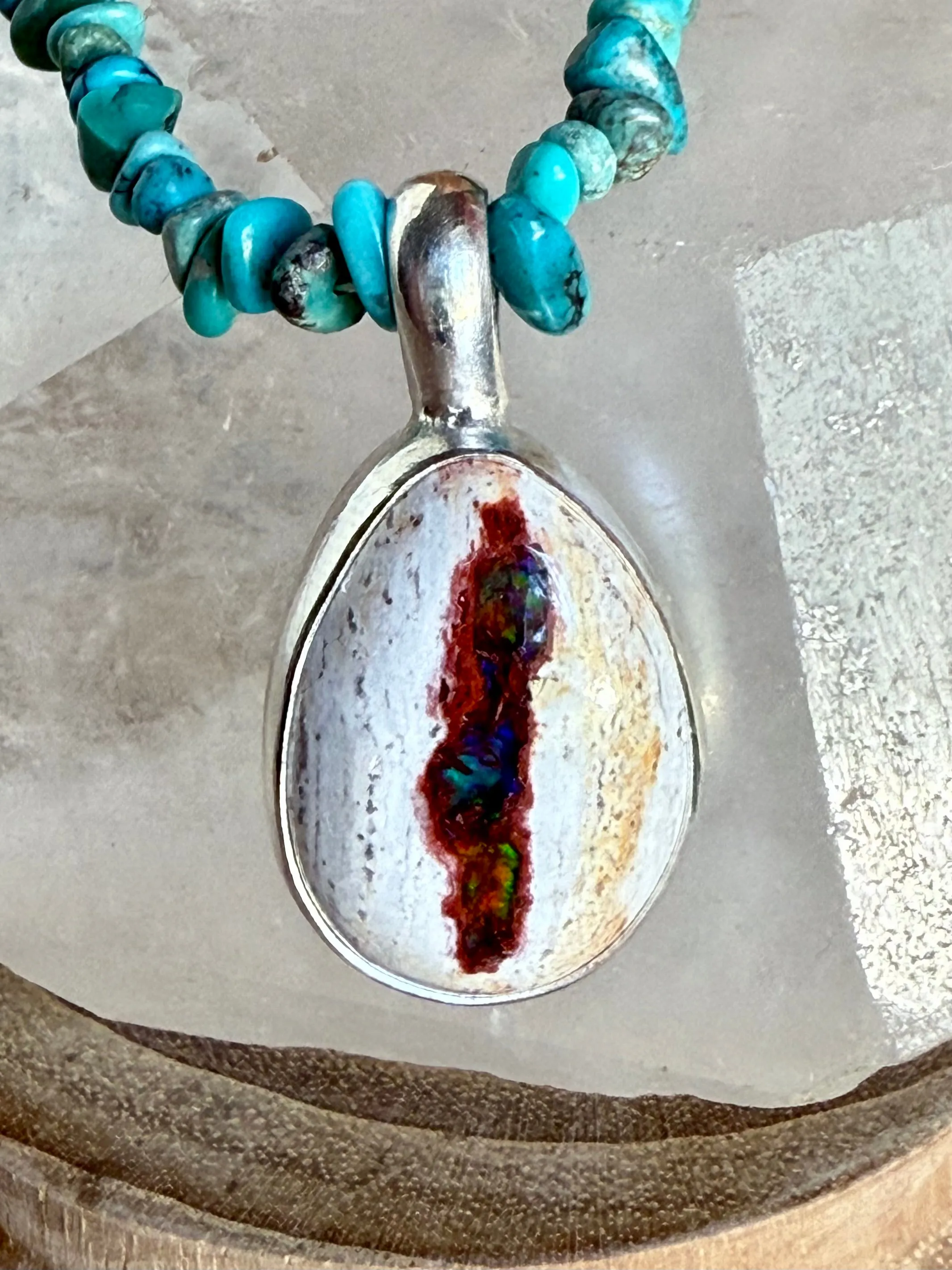 18" Kingman Turquoise   Fire Opal Necklace (1)