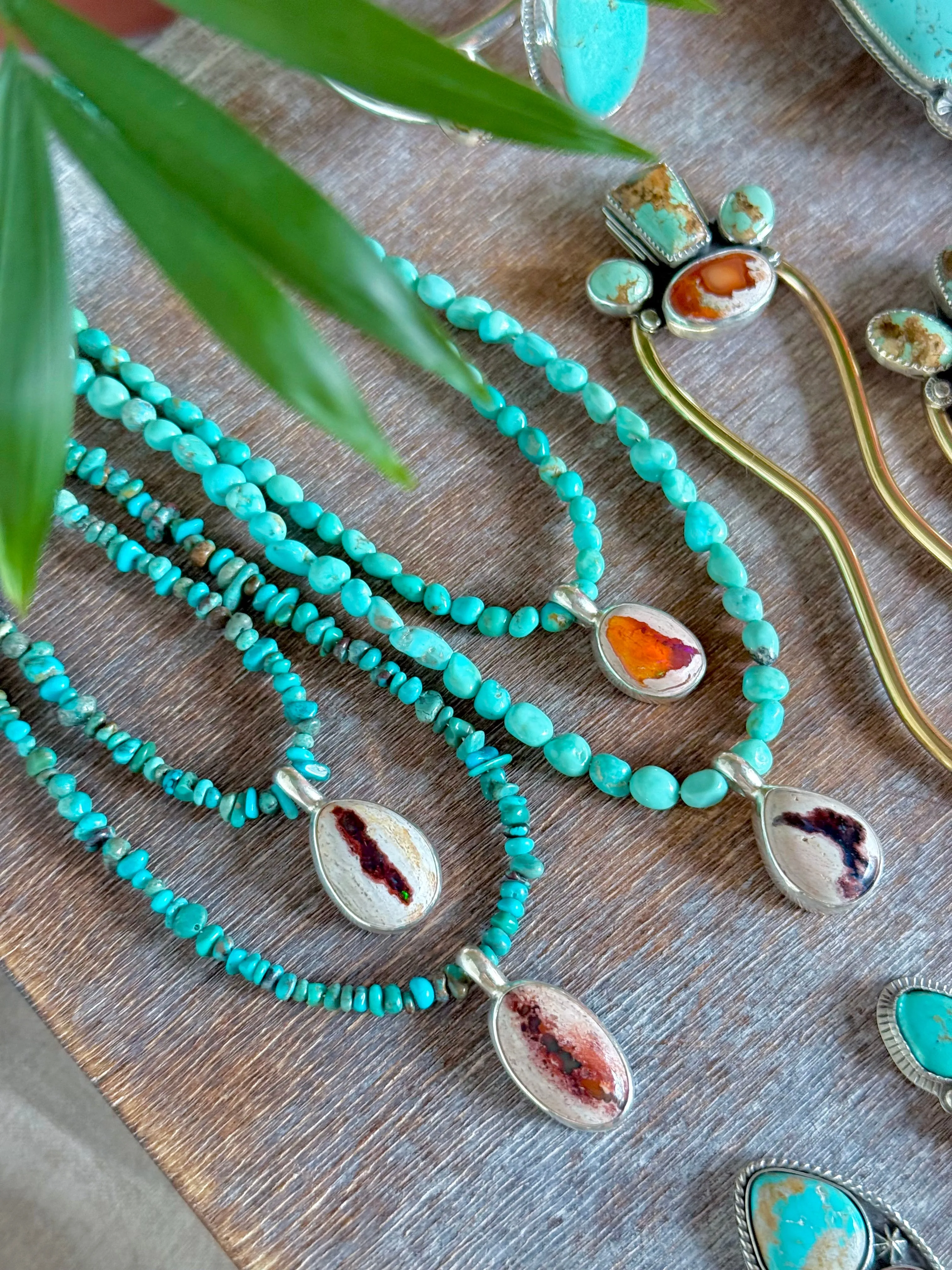 18" Kingman Turquoise   Fire Opal Necklace (1)