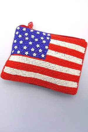 4TH OF JULY FLAG SEEDBEAD USA COIN PURSE POUCH | 91CP636