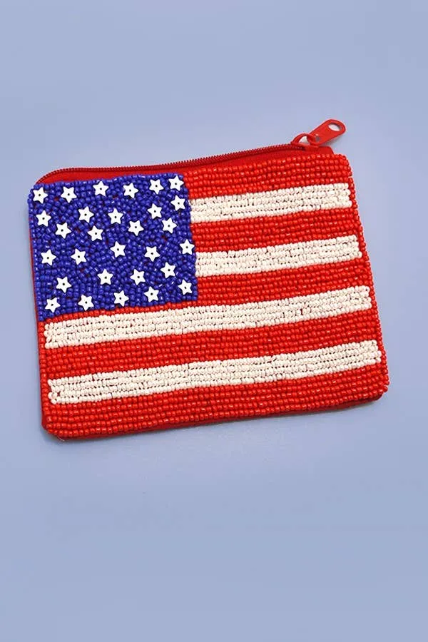 4TH OF JULY FLAG SEEDBEAD USA COIN PURSE POUCH | 91CP636