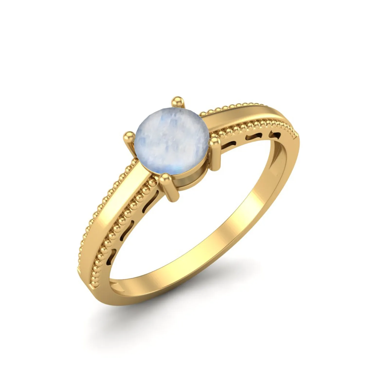 925 Sterling Silver Moonstone Solitaire Wedding Ring Art Deco Beaded Shank Women Ring