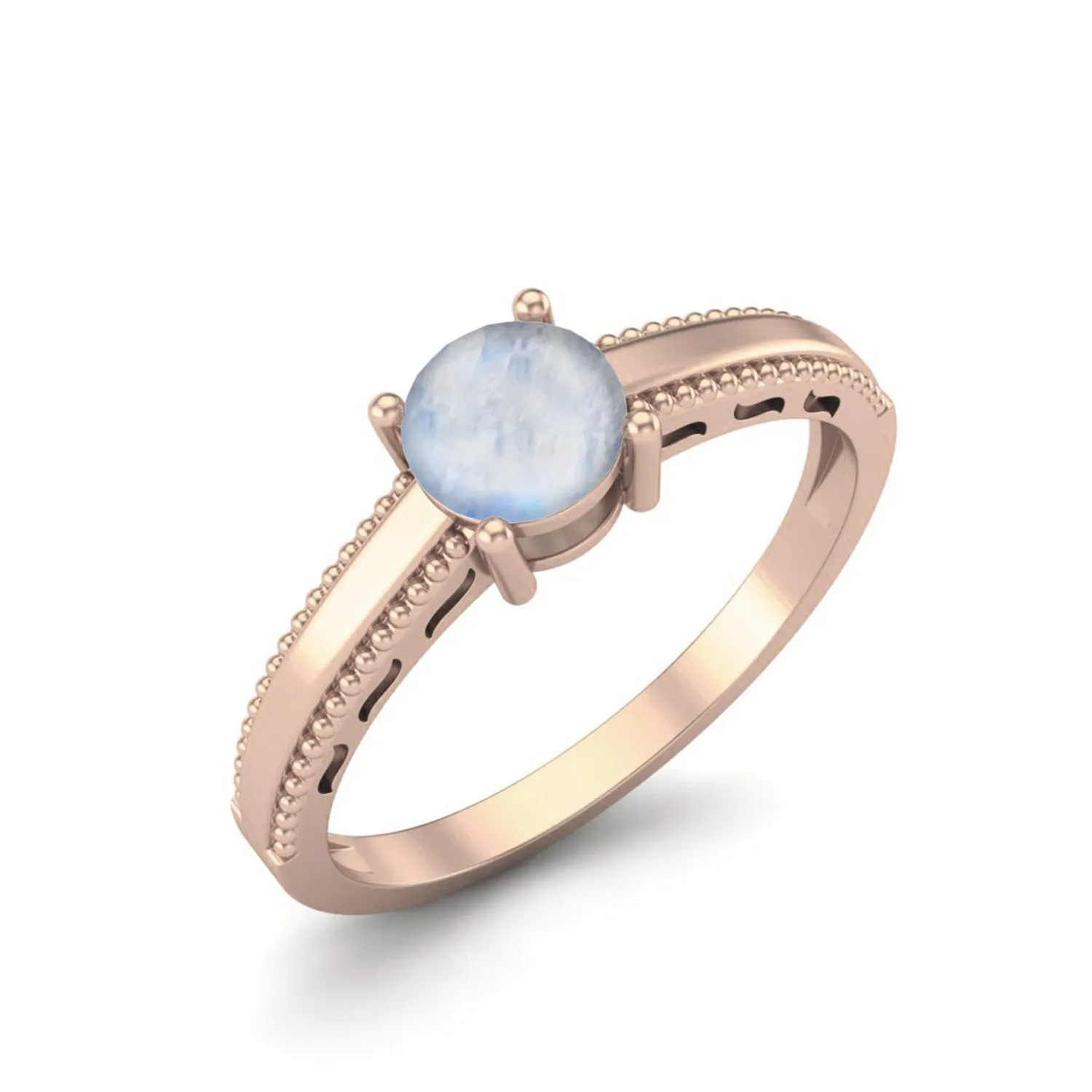 925 Sterling Silver Moonstone Solitaire Wedding Ring Art Deco Beaded Shank Women Ring