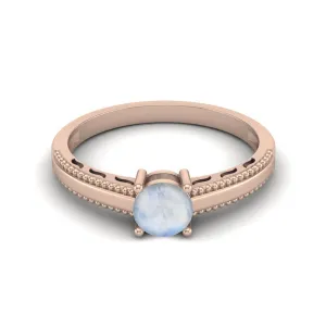 925 Sterling Silver Moonstone Solitaire Wedding Ring Art Deco Beaded Shank Women Ring