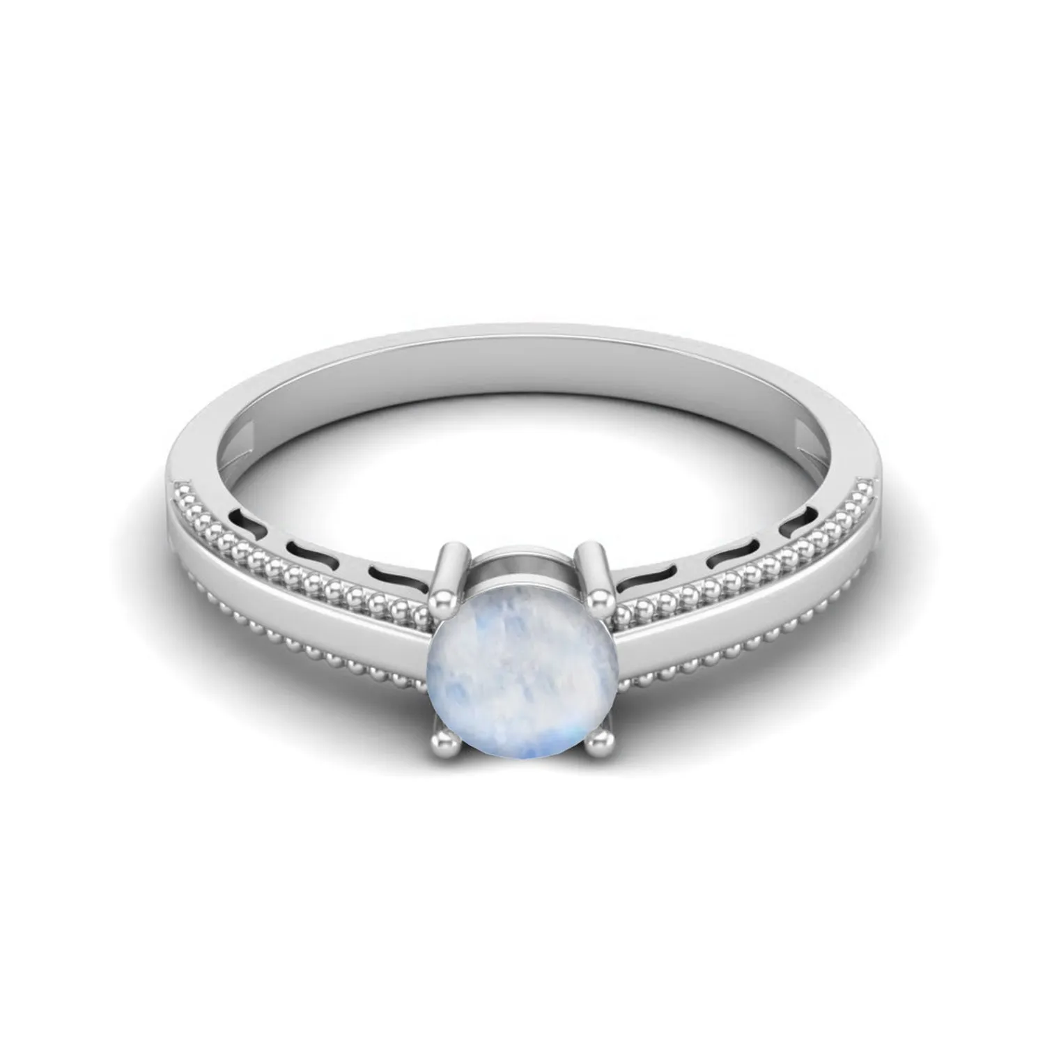 925 Sterling Silver Moonstone Solitaire Wedding Ring Art Deco Beaded Shank Women Ring