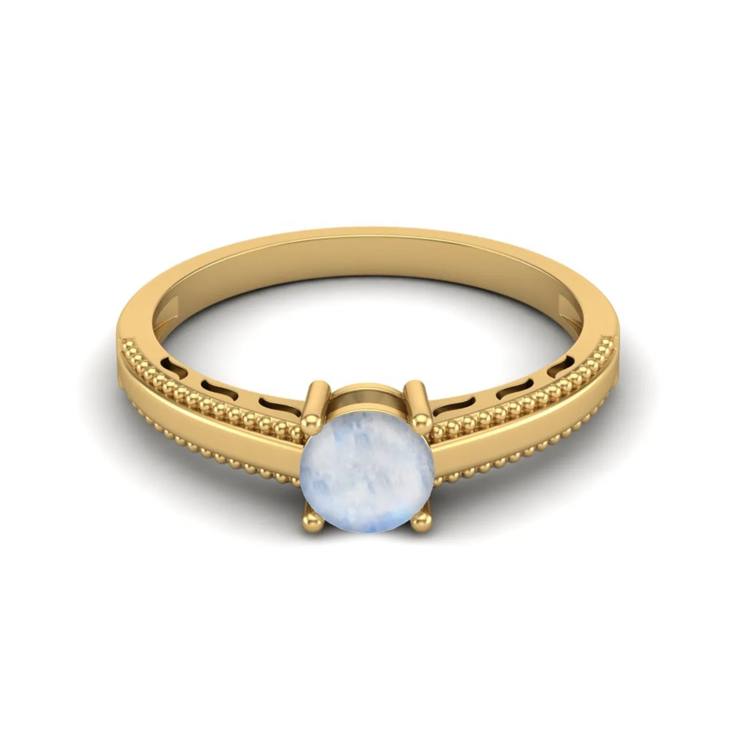 925 Sterling Silver Moonstone Solitaire Wedding Ring Art Deco Beaded Shank Women Ring