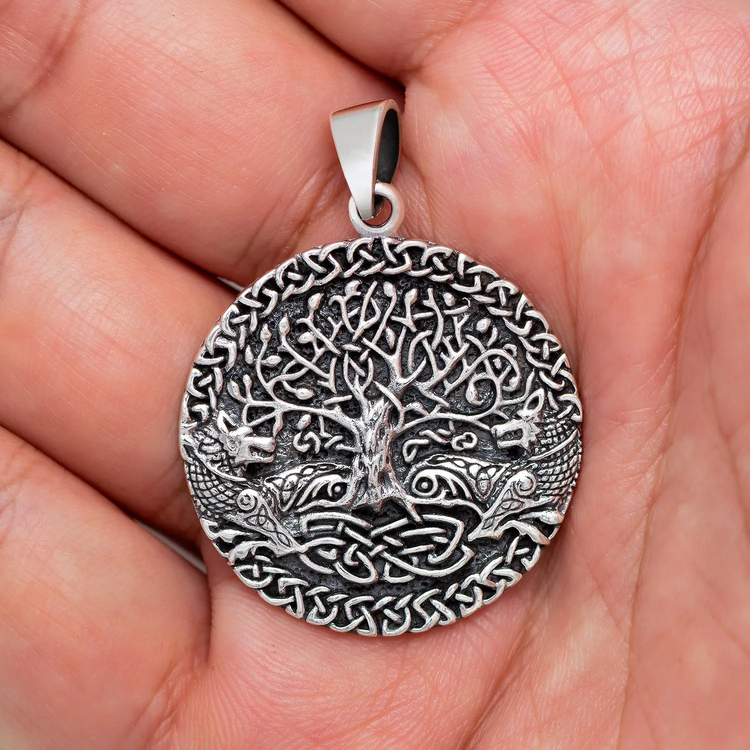 925 Sterling Silver Viking Yggdrasil Pendant with Fenrir