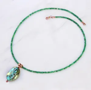 Abalone shell Pendant with Ruby gemstones on Green Onyx Necklace