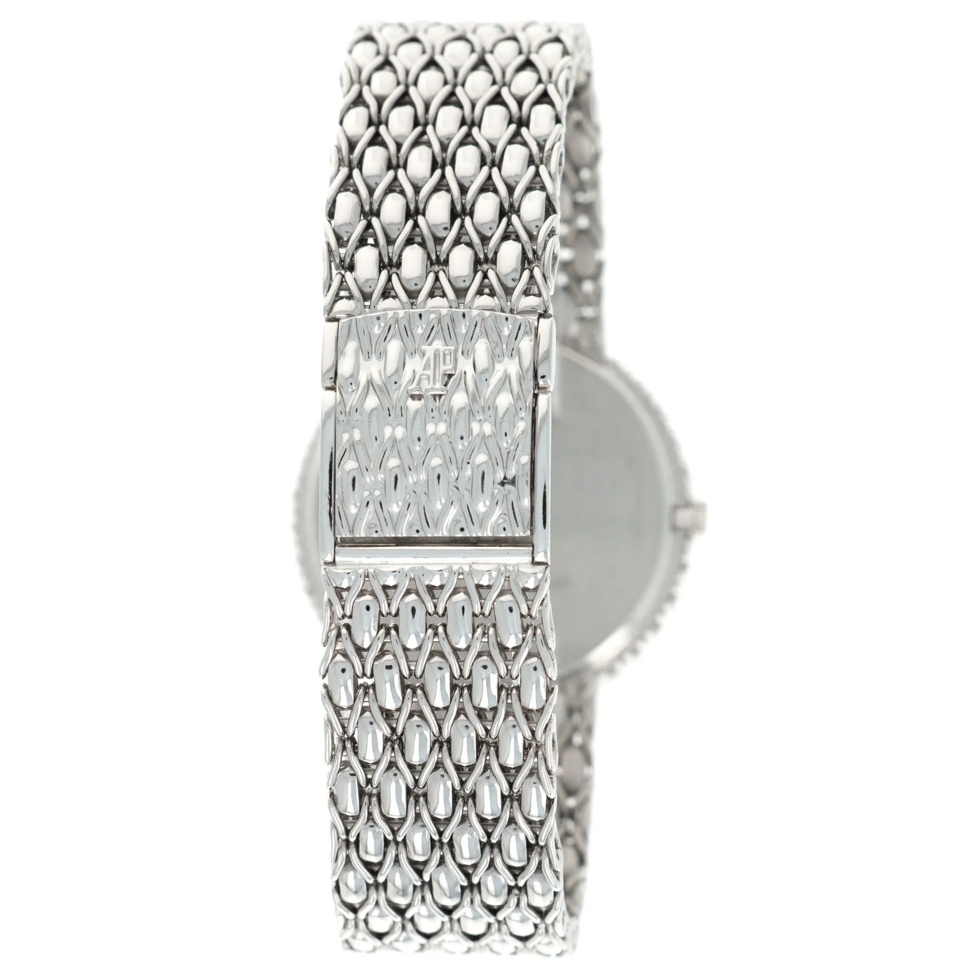 Audemars Piguet White Gold Round Watch with Pave Diamond and Sapphire Dial