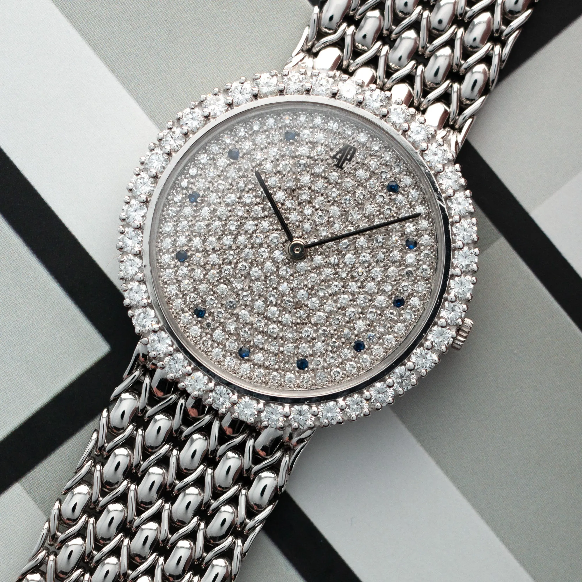 Audemars Piguet White Gold Round Watch with Pave Diamond and Sapphire Dial