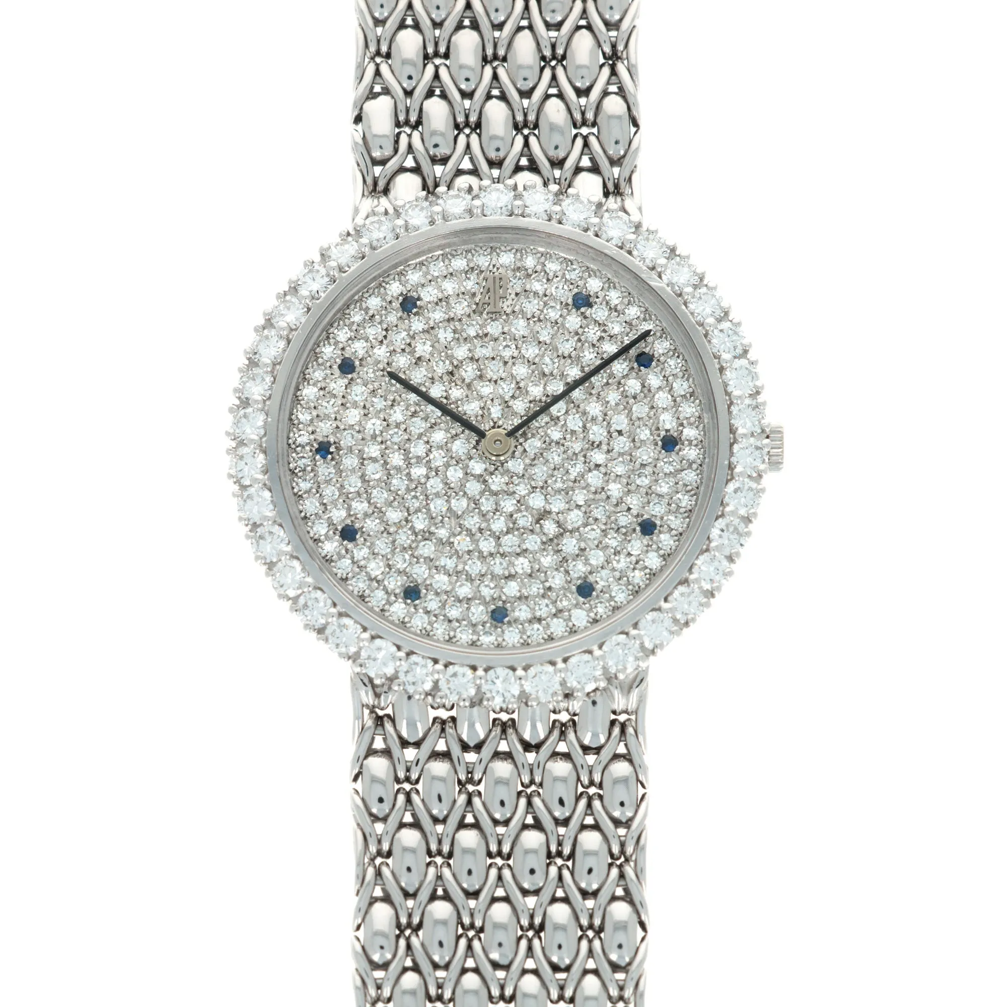 Audemars Piguet White Gold Round Watch with Pave Diamond and Sapphire Dial