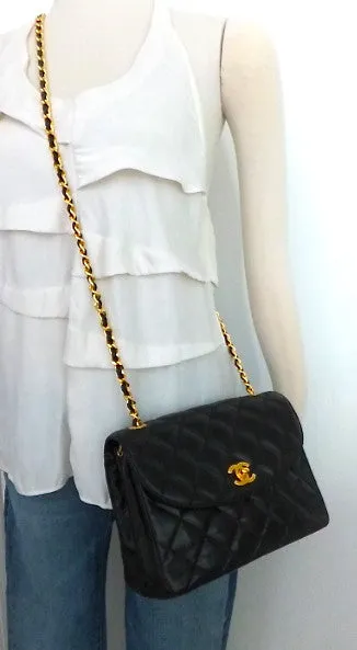 Authentic Chanel Vintage Black Labmskin Flapover