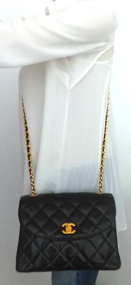 Authentic Chanel Vintage Black Labmskin Flapover