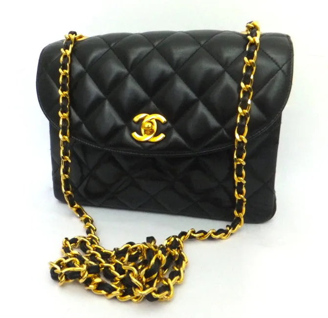 Authentic Chanel Vintage Black Labmskin Flapover