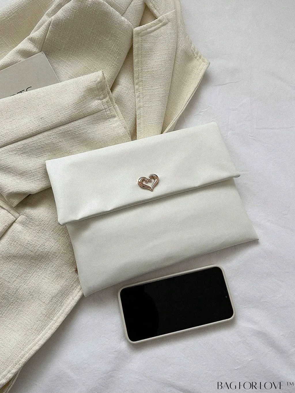 BagForLove - Beige Flap Clutch Bag with Metal Heart Decor, Envelope Design