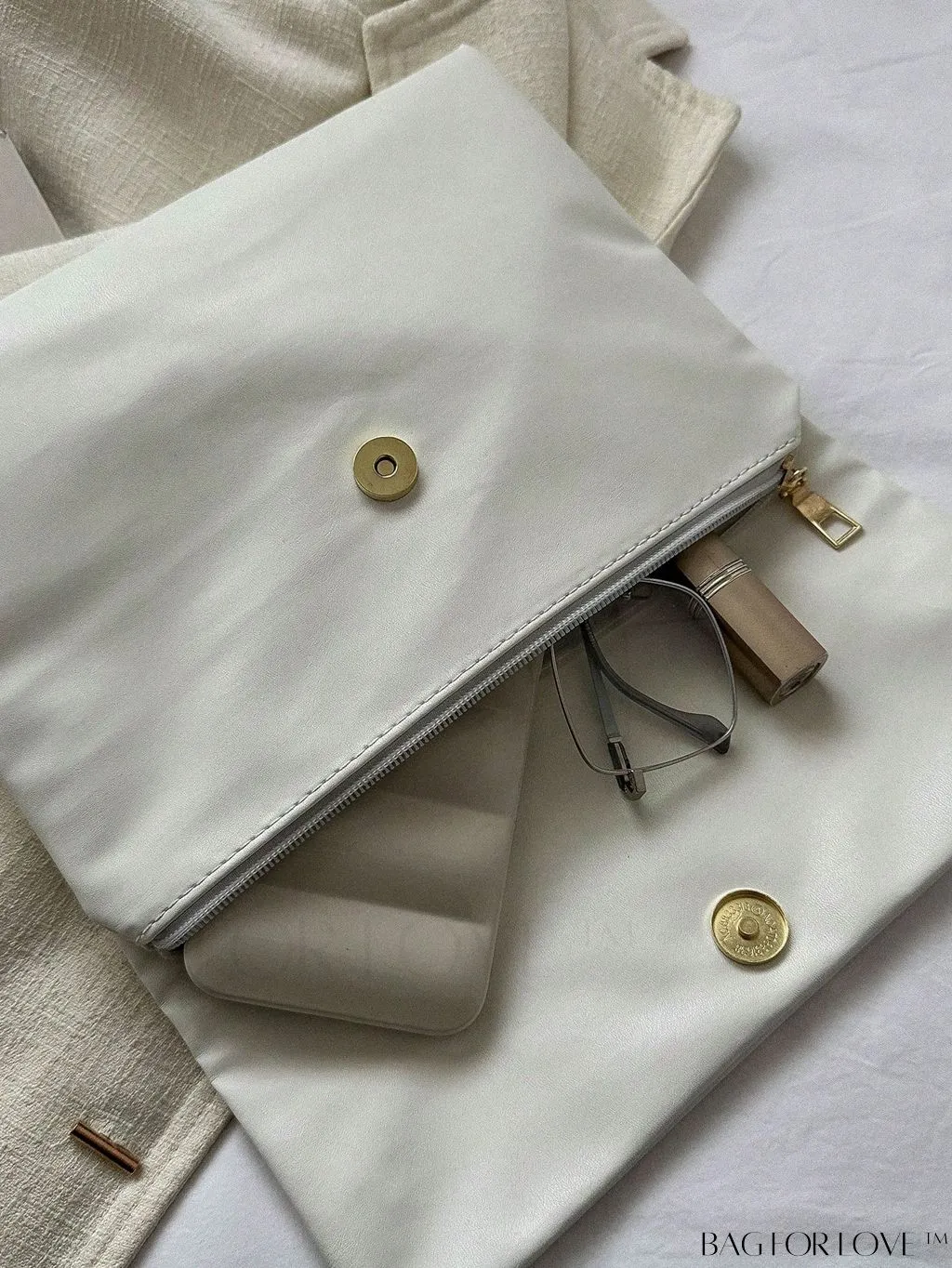 BagForLove - Beige Flap Clutch Bag with Metal Heart Decor, Envelope Design