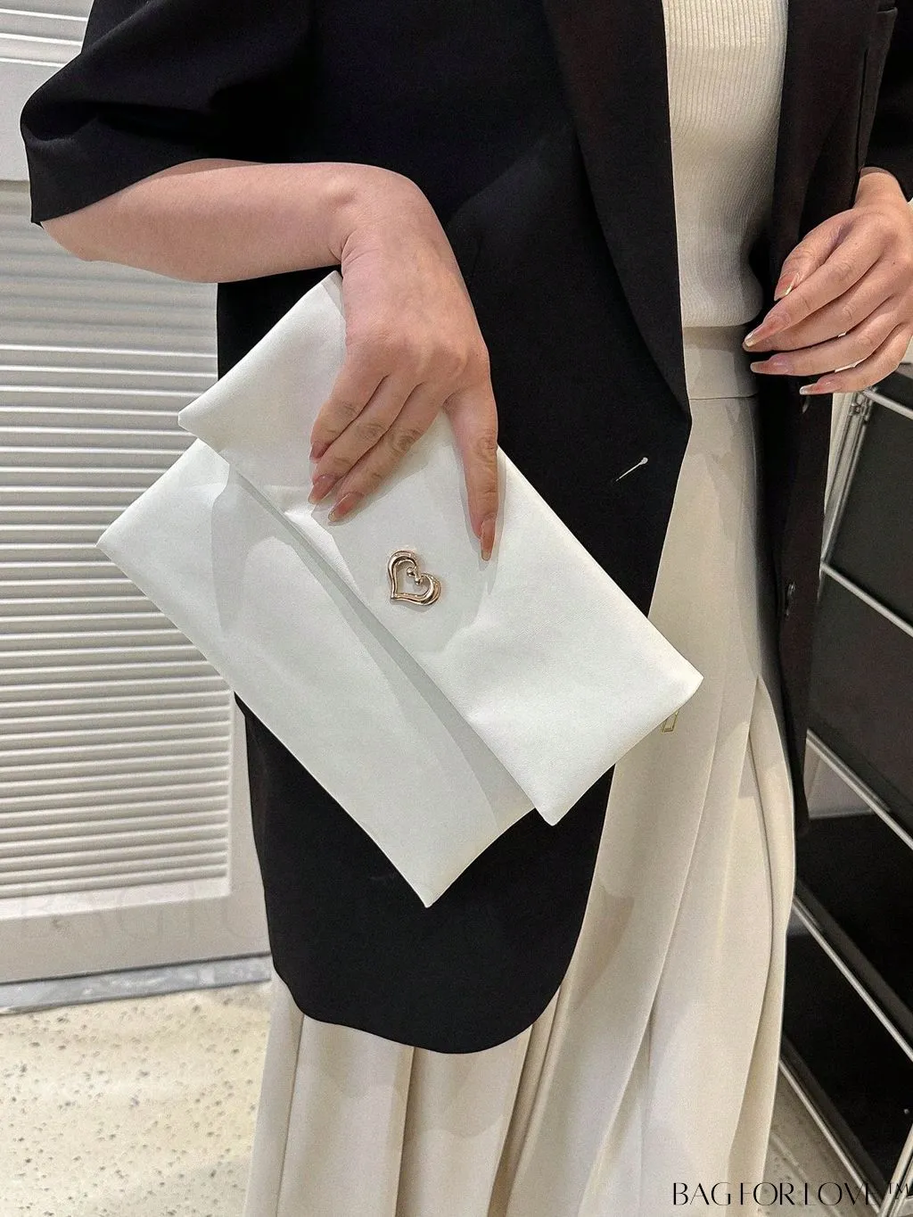 BagForLove - Beige Flap Clutch Bag with Metal Heart Decor, Envelope Design