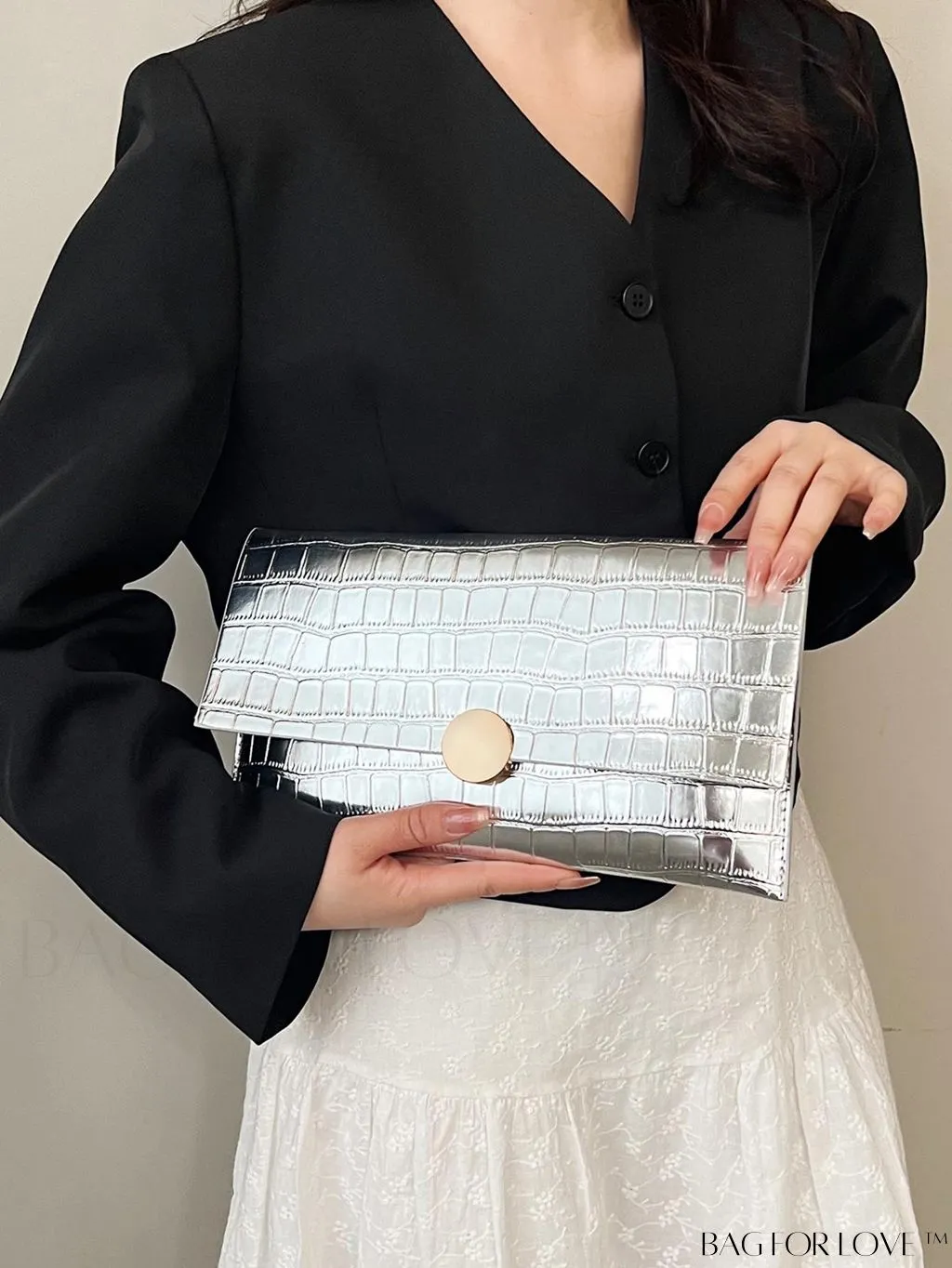 BagForLove - Black Crocodile Embossed Envelope Bag: Elegant PU Finish