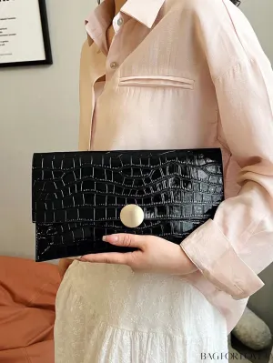 BagForLove - Black Crocodile Embossed Envelope Bag: Elegant PU Finish