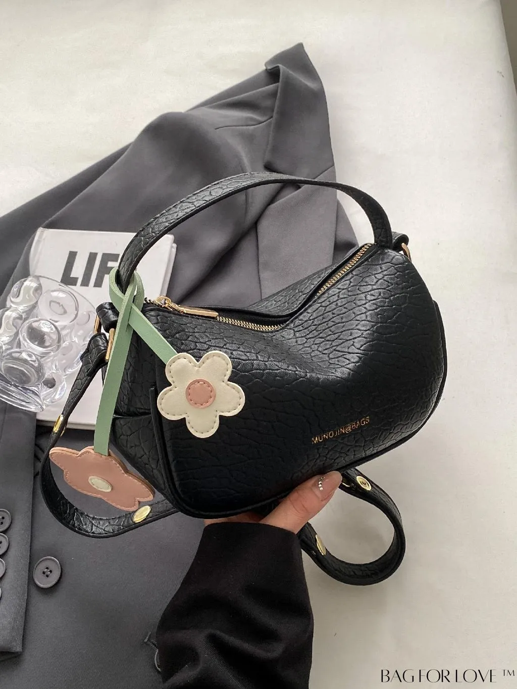 BagForLove - Chic Alphabet Print Handbag with Elegant Charm Pendant