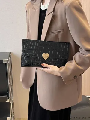 BagForLove - Chic Crocodile Embossed Envelope Bag with Sleek Metal Accents - Perfect for Daily Use