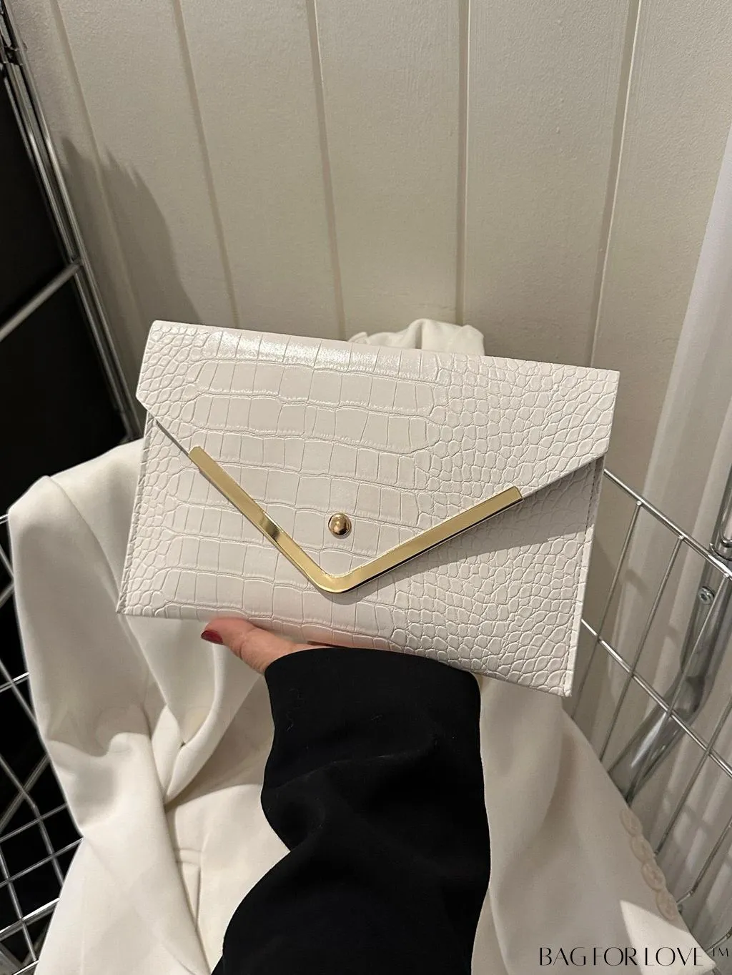 BagForLove - Chic Crocodile Embossed Envelope Clutch with Metal Edge - Solid Color
