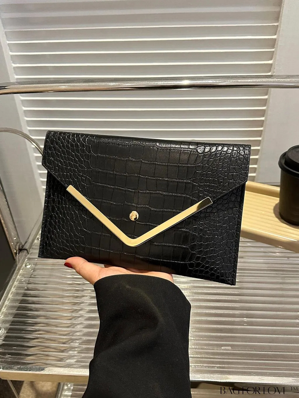 BagForLove - Crocodile-Embossed Envelope Bag with Decorative Metal Flap