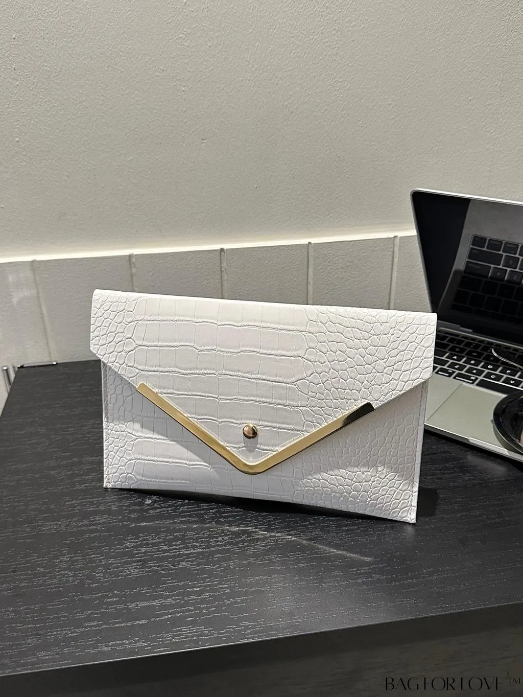 BagForLove - Crocodile-Embossed Envelope Bag with Decorative Metal Flap