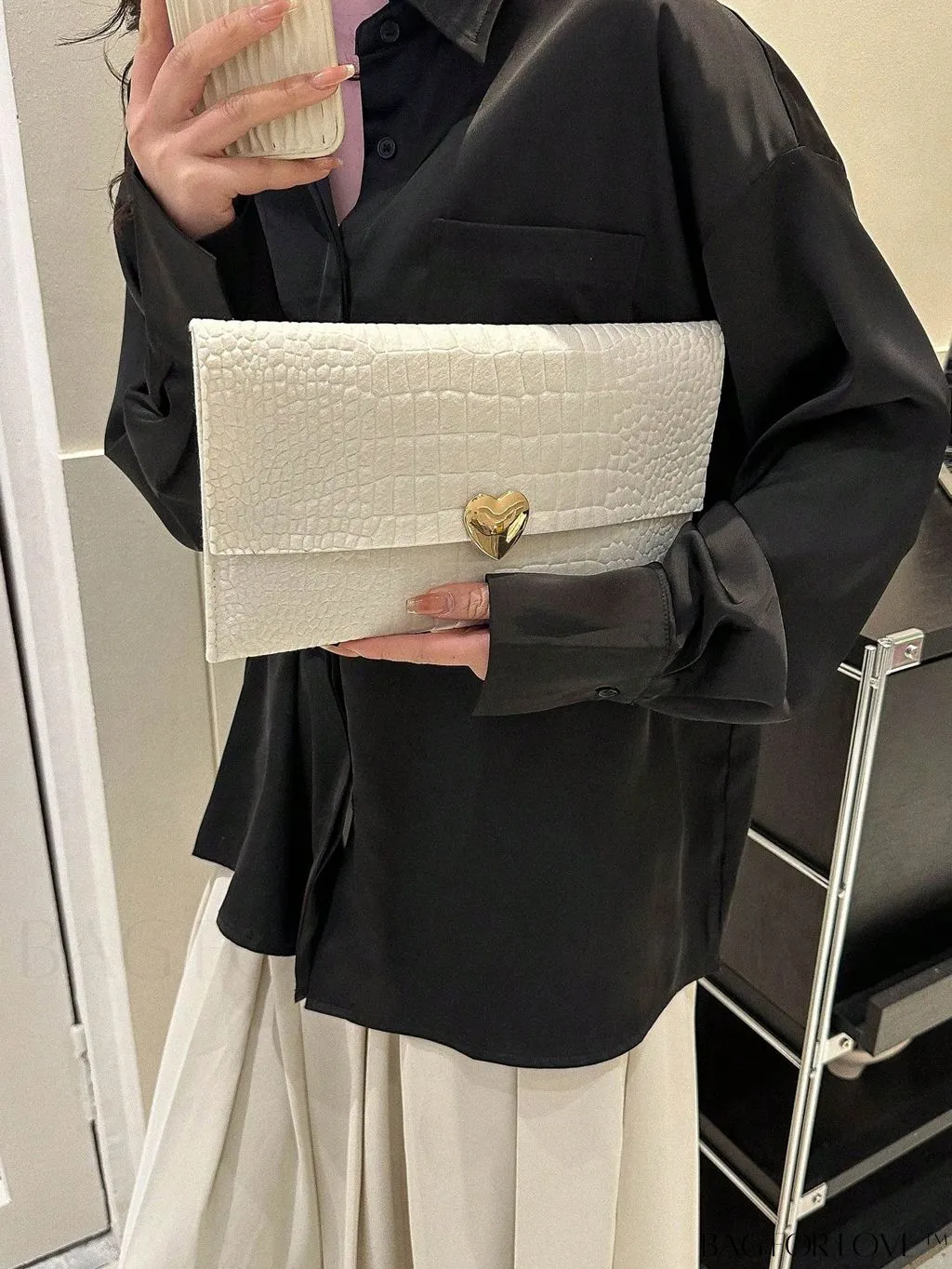 BagForLove - Crocodile Embossed Envelope Bag with Heart Decor - Medium Size