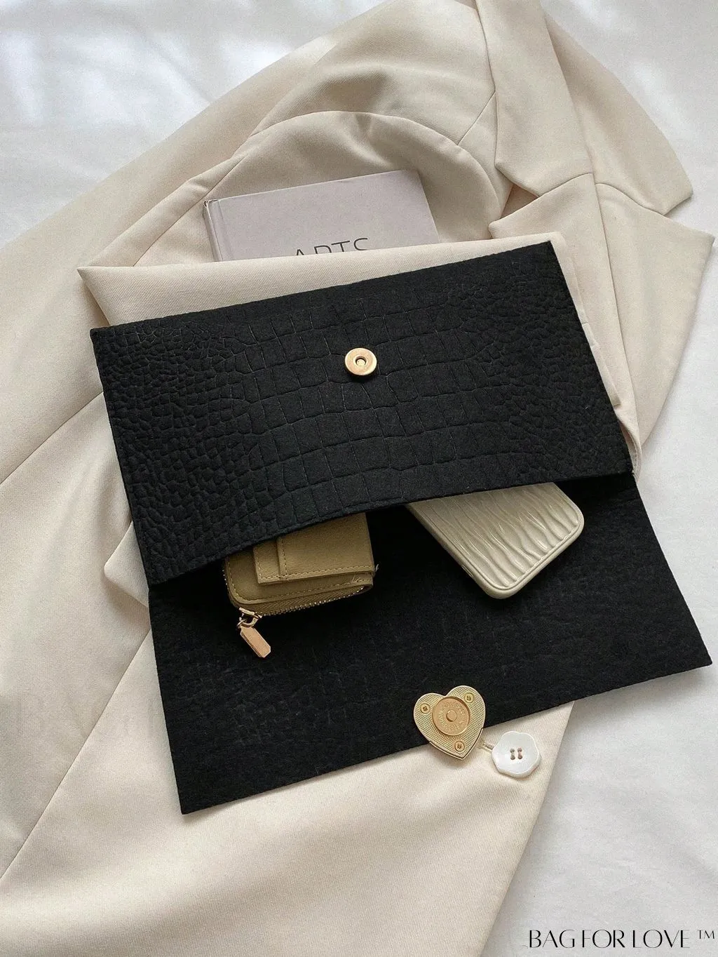 BagForLove - Crocodile Embossed Envelope Bag with Heart Decor - Medium Size