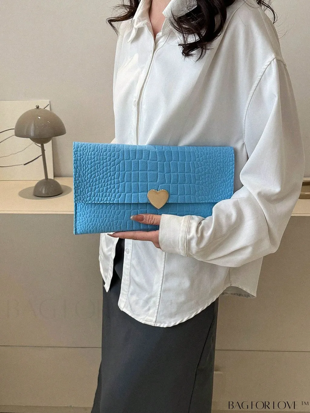 BagForLove - Crocodile Embossed Envelope Bag with Heart Decor - Medium Size