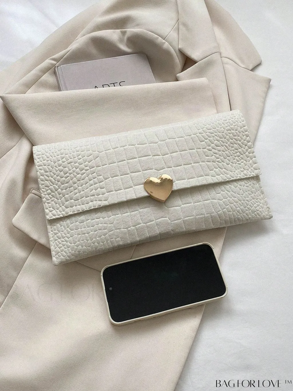 BagForLove - Crocodile Embossed Envelope Bag with Heart Decor - Medium Size