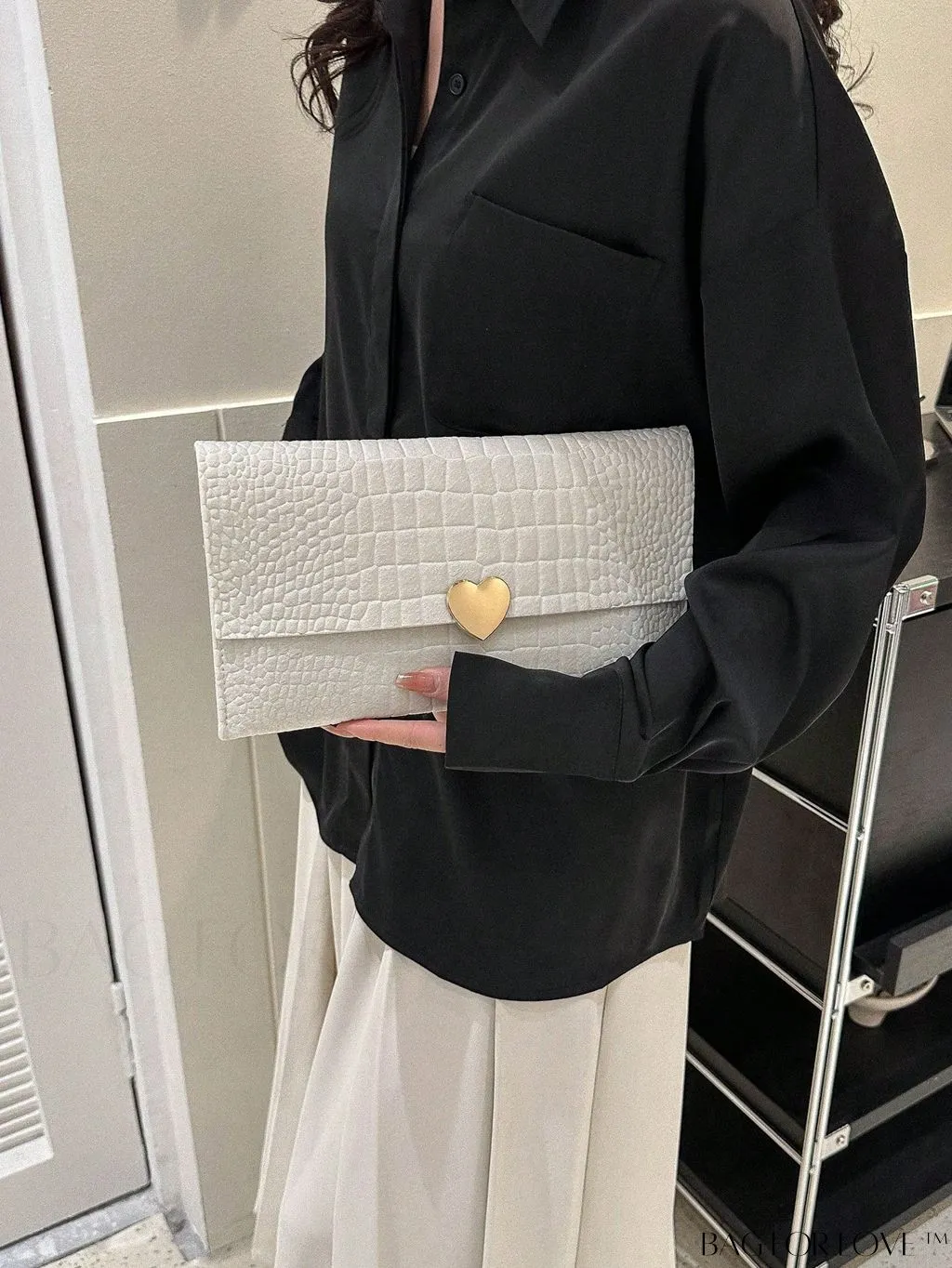 BagForLove - Crocodile Embossed Envelope Bag with Heart Decor - Medium Size