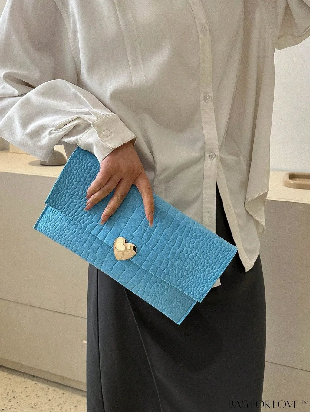BagForLove - Crocodile Embossed Envelope Bag with Heart Decor - Medium Size