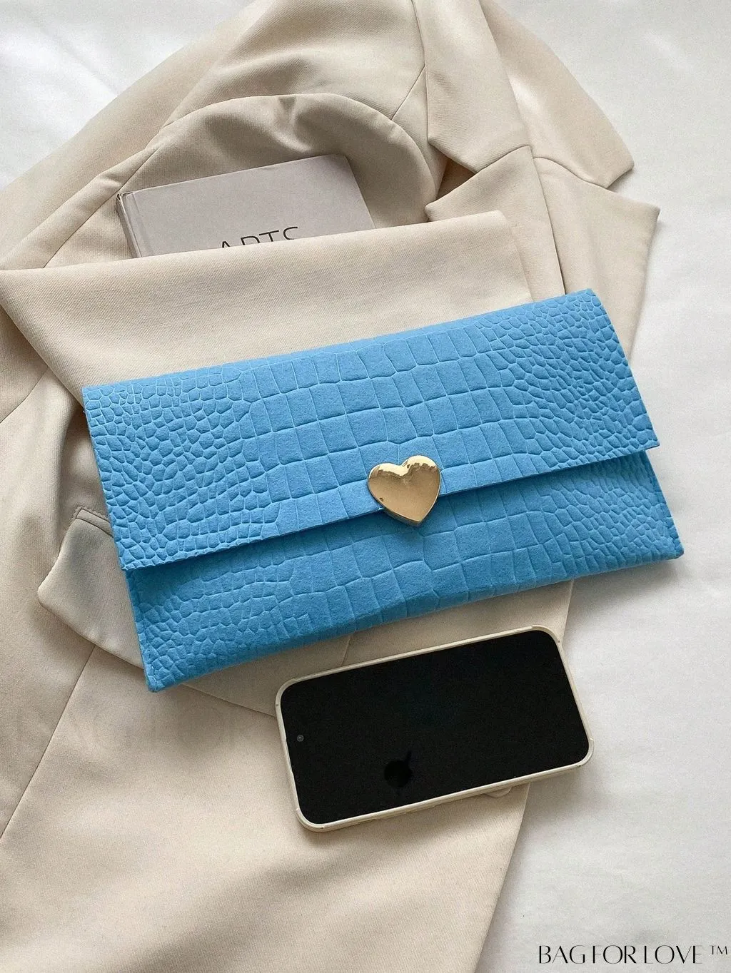 BagForLove - Crocodile Embossed Envelope Bag with Heart Decor - Medium Size