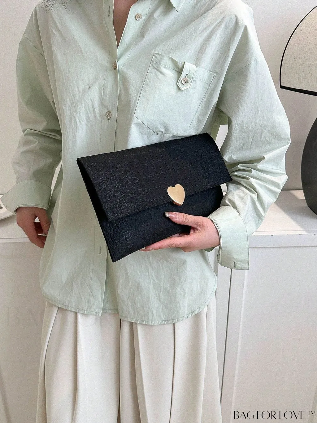 BagForLove - Crocodile Embossed Envelope Bag with Heart Decor - Medium Size
