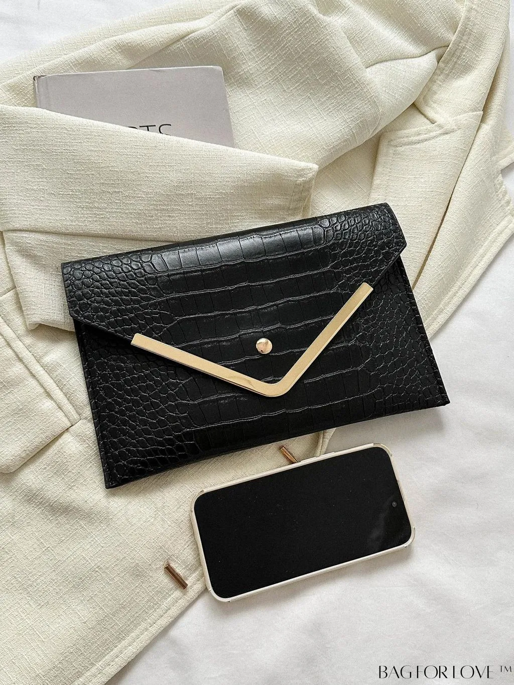 BagForLove - Crocodile Embossed Envelope Bag with Metal Accents