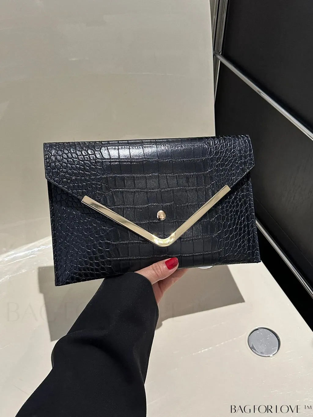 BagForLove - Crocodile Embossed Envelope Bag with Metal Accents