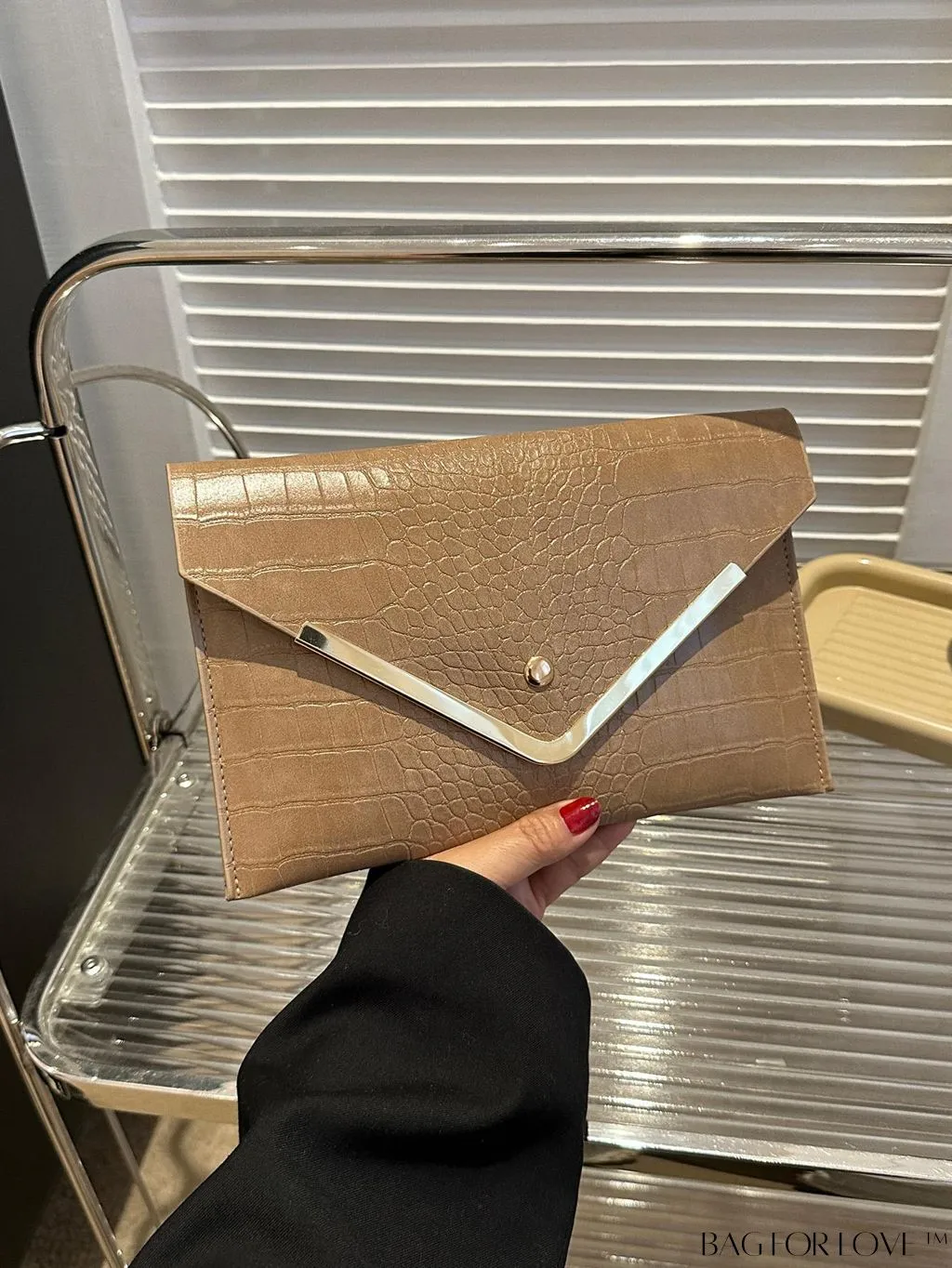 BagForLove - Crocodile Embossed Envelope Bag with Metal Accents