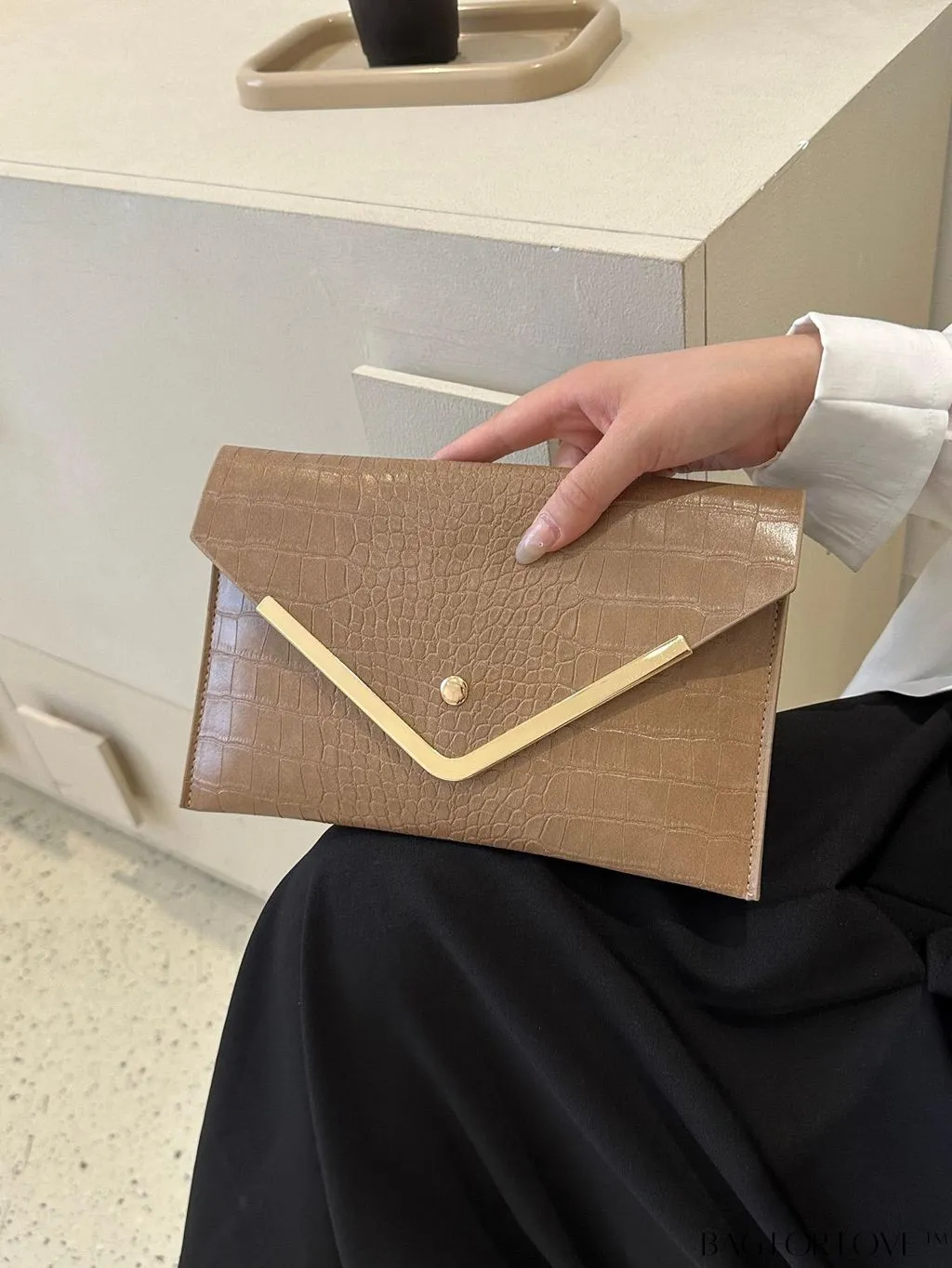 BagForLove - Crocodile Embossed Envelope Bag with Metal Accents