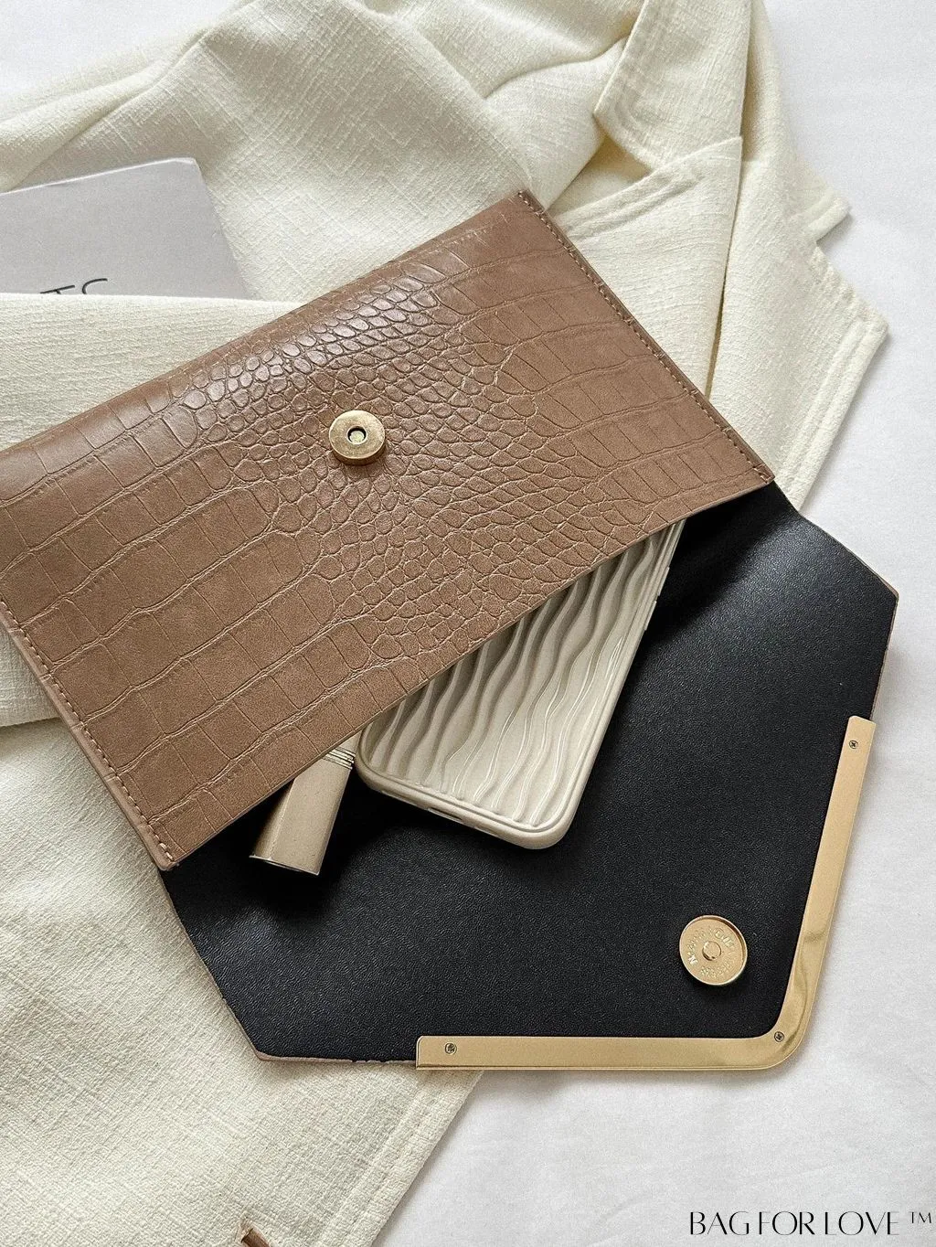 BagForLove - Crocodile Embossed Envelope Bag with Metal Accents