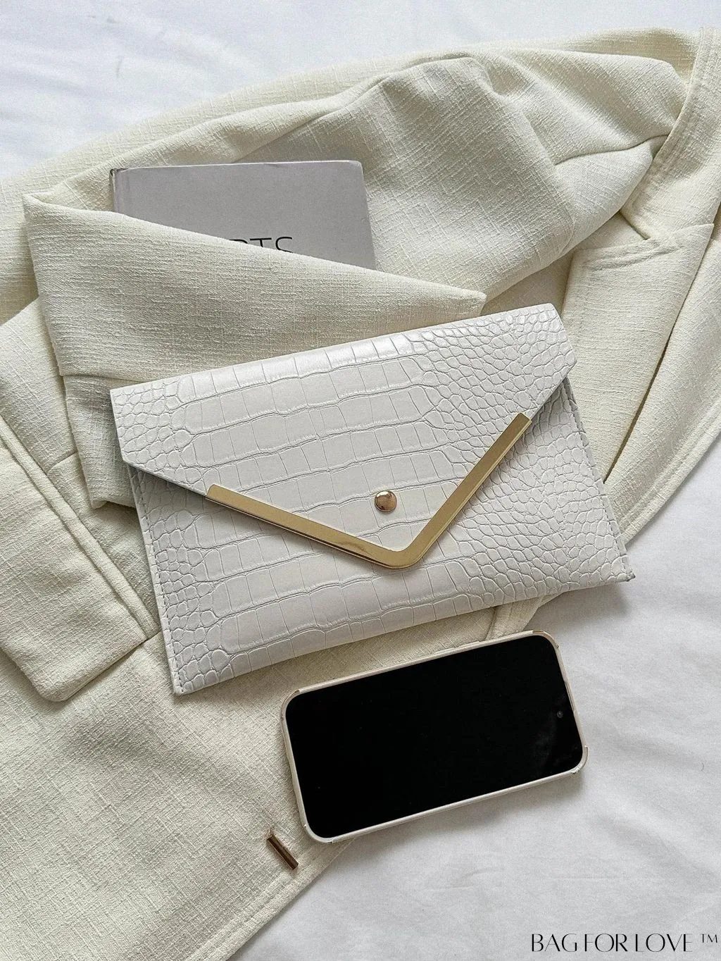 BagForLove - Crocodile Embossed Envelope Bag with Metal Accents