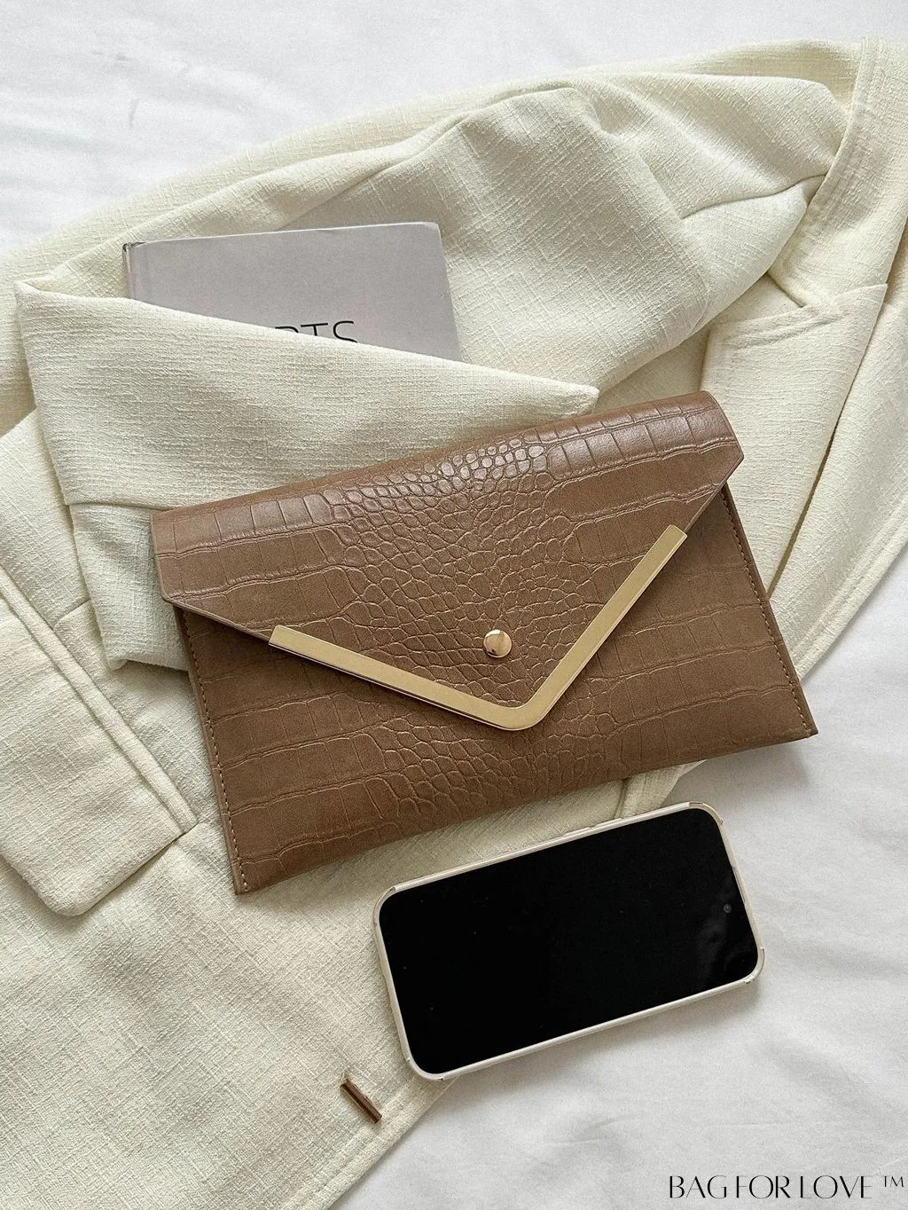 BagForLove - Crocodile Embossed Envelope Bag with Metal Accents