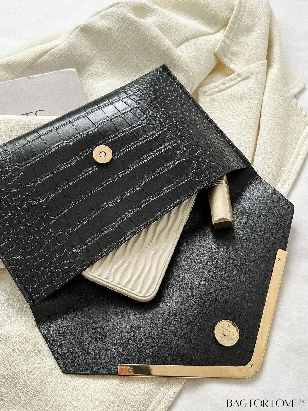 BagForLove - Crocodile Embossed Envelope Bag with Metal Accents