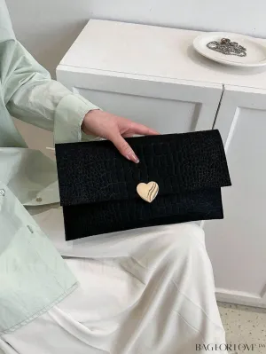 BagForLove - Crocodile Embossed Heart Flap Envelope Bag - Medium Size
