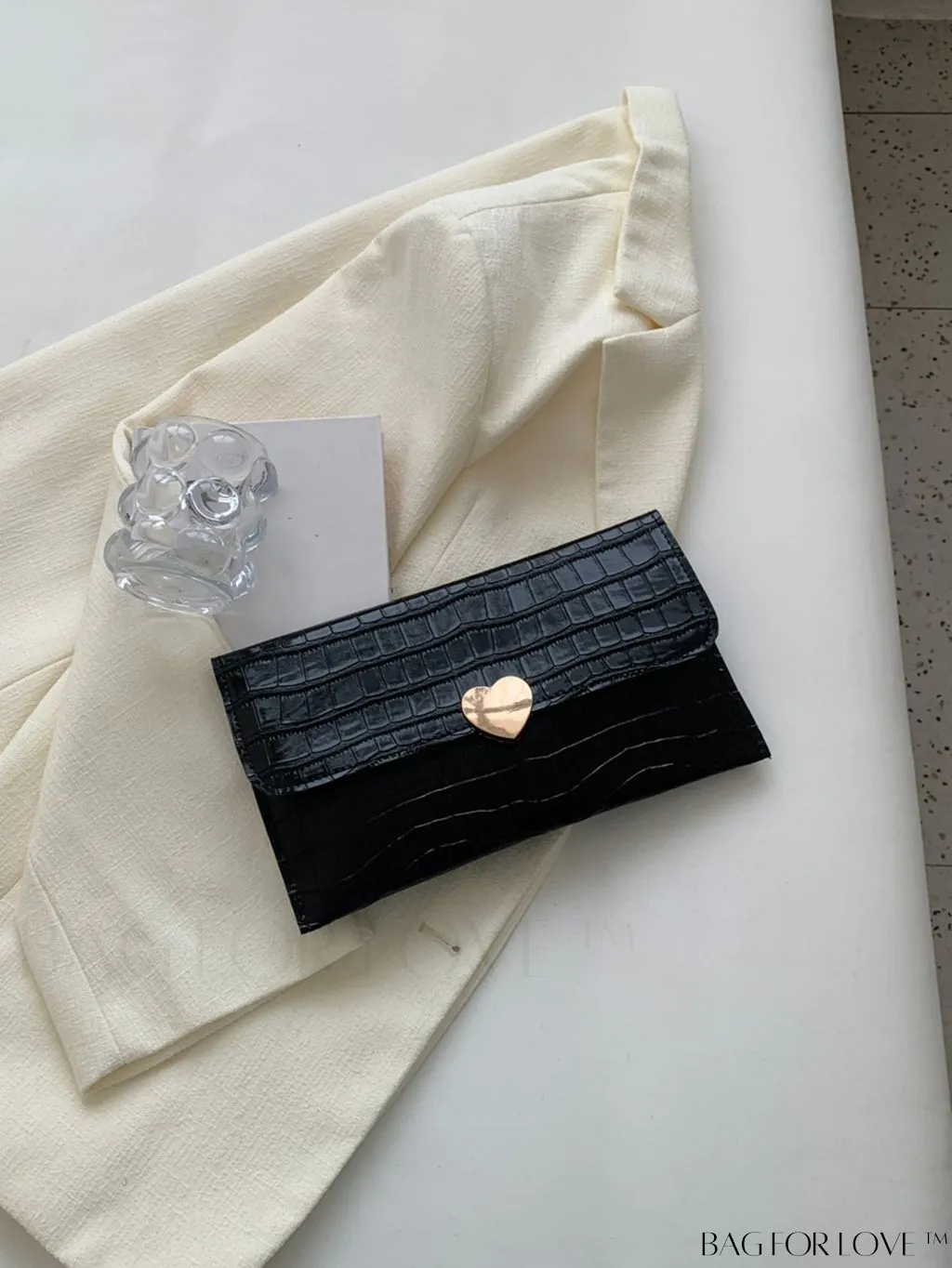 BagForLove - Crocodile Embossed Medium Envelope Bag with Chic Heart Decoration