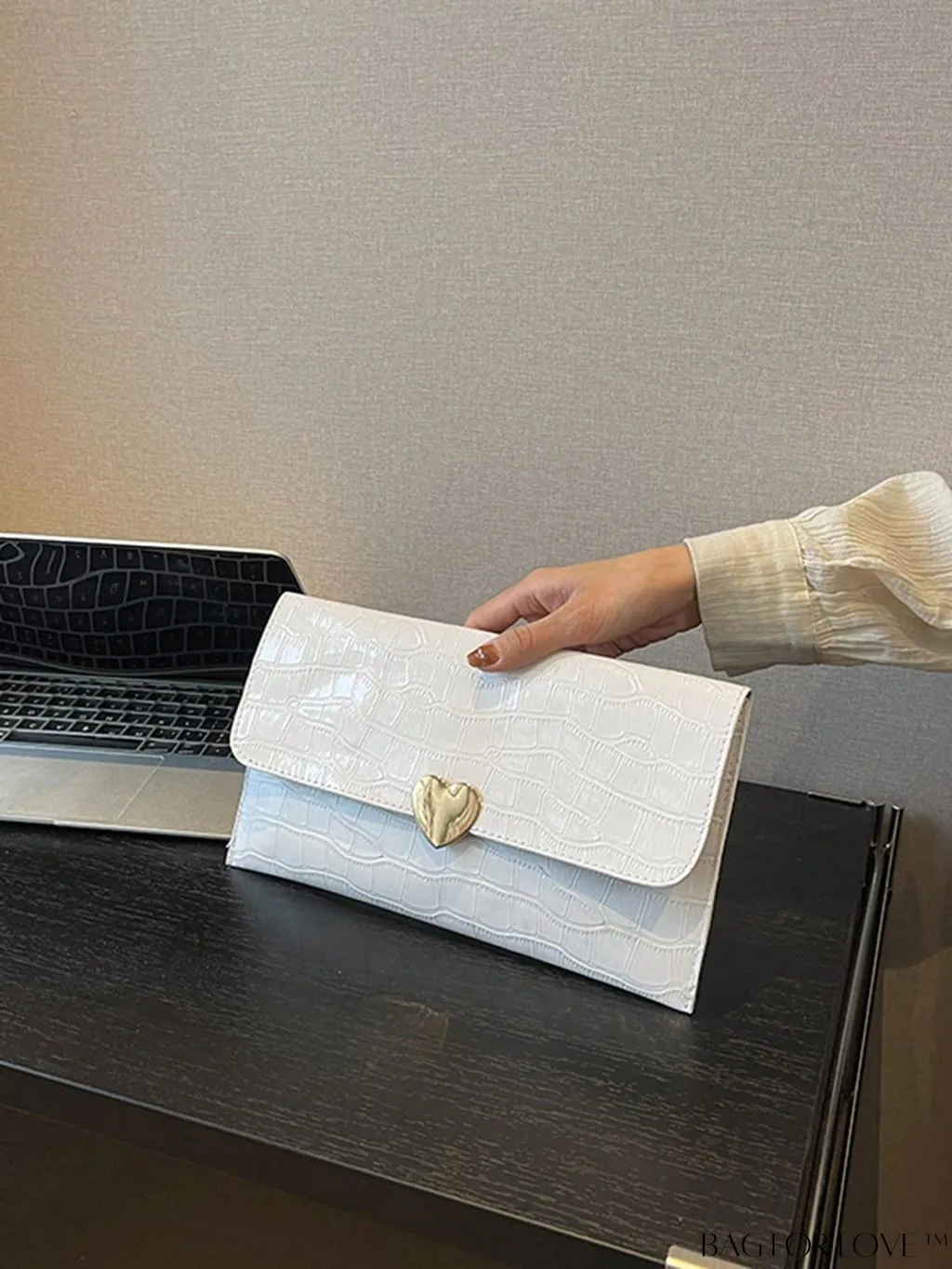 BagForLove - Crocodile Embossed Medium Envelope Bag with Chic Heart Decoration