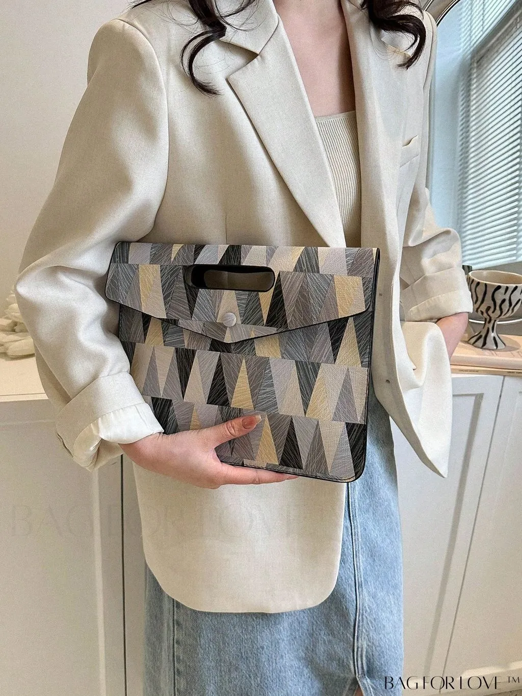 BagForLove - Fashionable PU Envelope Bag with Geometric Pattern Flap