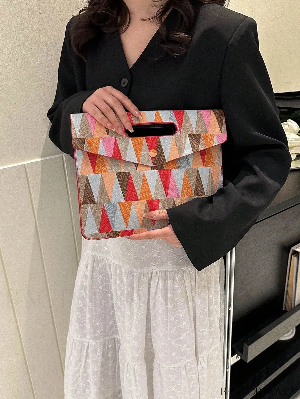 BagForLove - Fashionable PU Envelope Bag with Geometric Pattern Flap