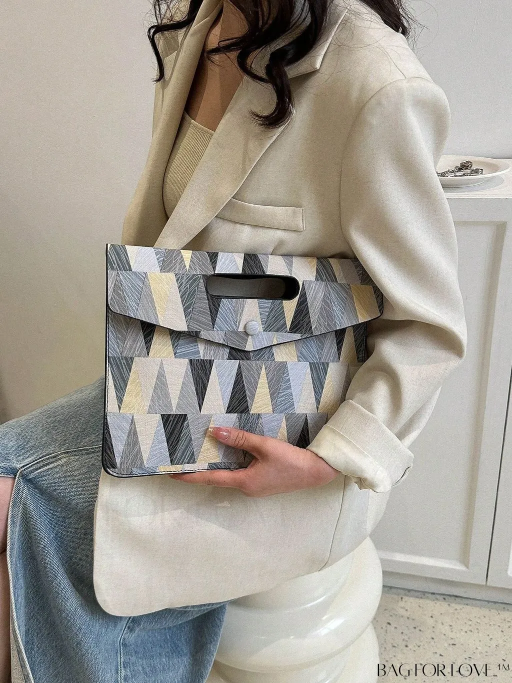 BagForLove - Fashionable PU Envelope Bag with Geometric Pattern Flap