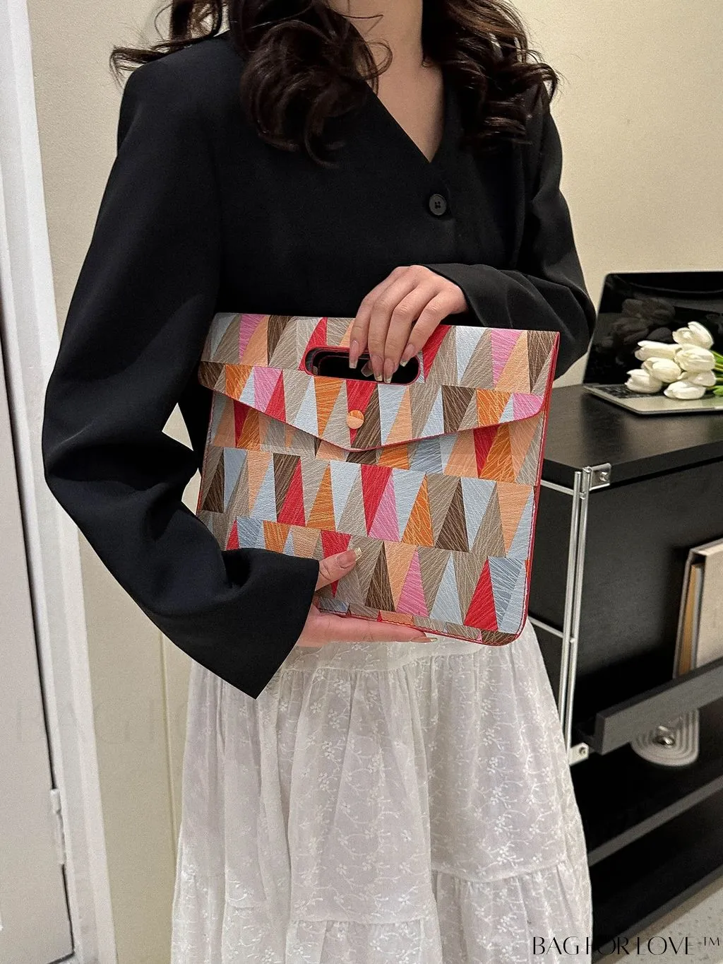 BagForLove - Fashionable PU Envelope Bag with Geometric Pattern Flap